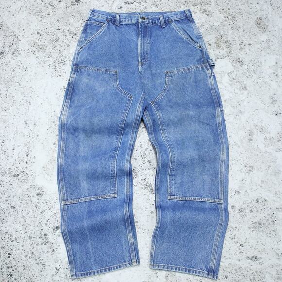 Vintage Carhartt B73 DST Faded Blue Jeans Denim Double Knee Carpenter Pant 33x31 - Picture 1 of 16